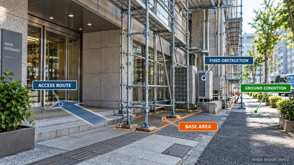 Ground-level site conditions showing scaffold base area, access route and fixed obstruction