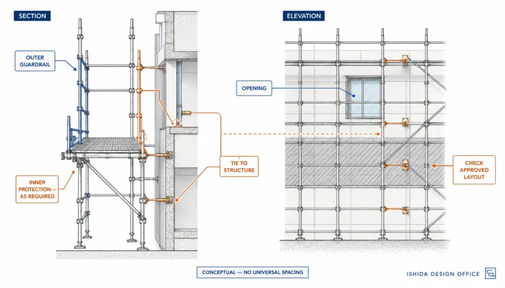 Coordinated scaffold section and elevation showing outer guardrails, conditional inner protection and ties connected to actual building attachment locations.