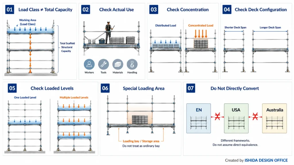 Seven scaffold load review checks covering load class, actual use, load concentration, deck configuration, loaded levels, special loading areas, and regional frameworks.