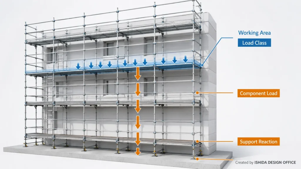 Scaffold diagram showing working-area load class, component loads, and support reactions.
