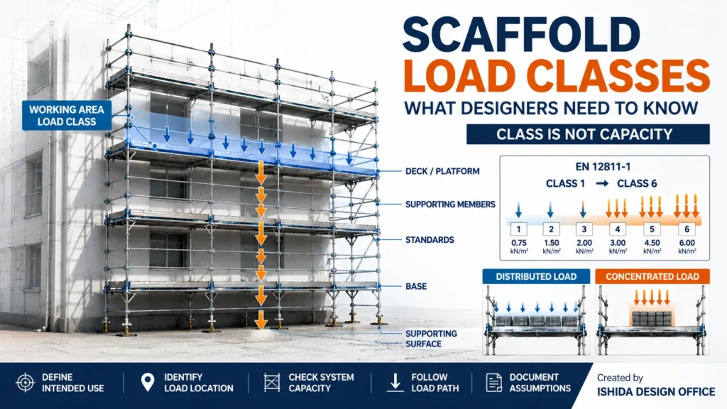 Scaffold load classes explained with EN 12811-1 Classes 1 to 6, load path, distributed load and concentrated load.