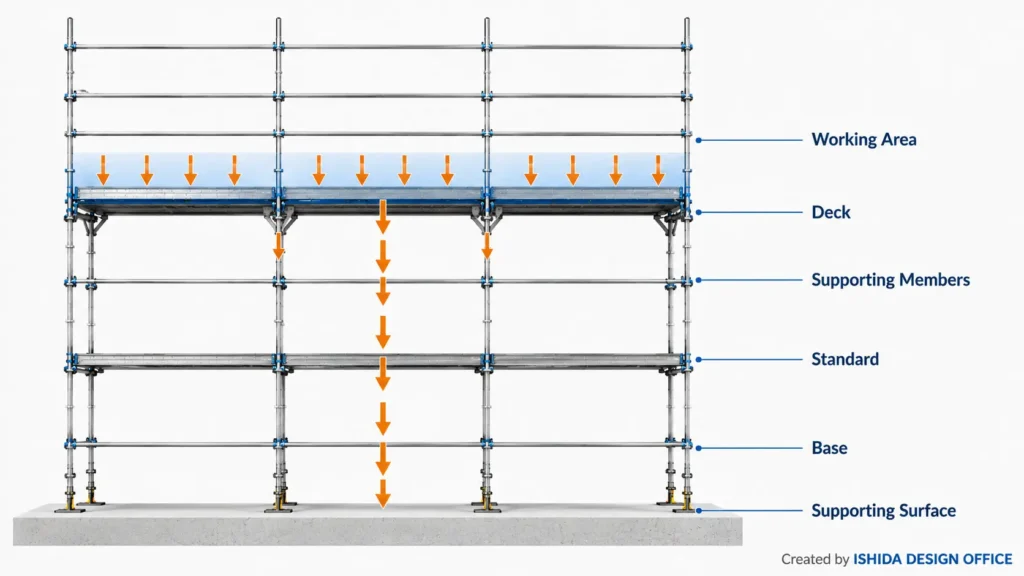 Scaffold diagram showing load transfer from the working area through decks and supporting members to the base and supporting surface.