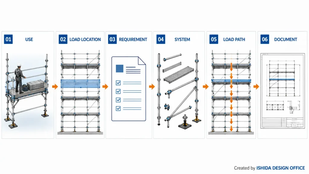 Six-step scaffold load review workflow covering use, load location, requirements, system, load path, and documentation.