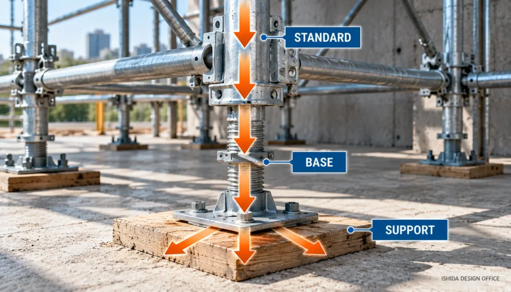 Scaffold load transfer from standard through base to ground support