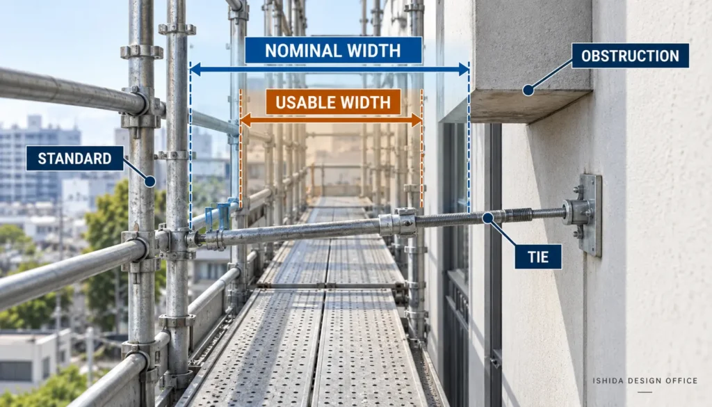 Scaffold working platform showing the difference between nominal width and usable width