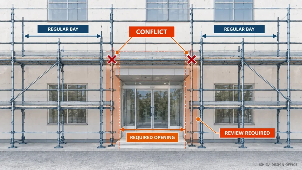 Scaffold bay layout conflict with a required building entrance opening