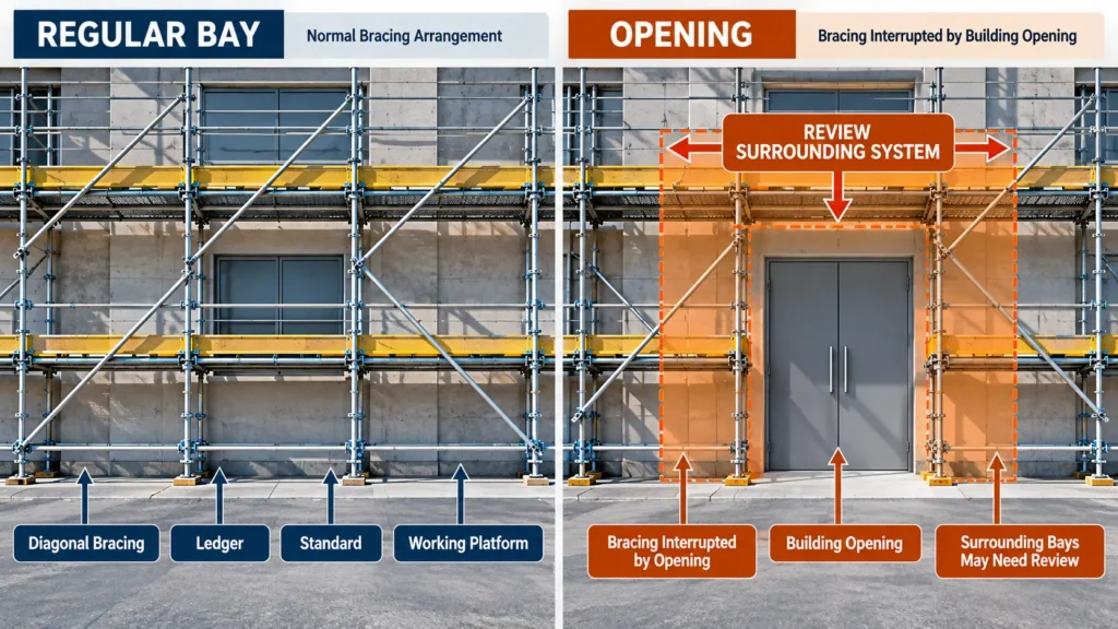 Technical comparison showing how a building opening interrupts a regular scaffold bracing arrangement.