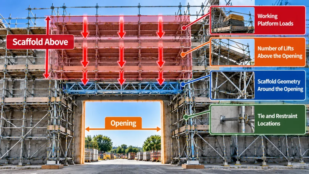 Scaffold opening showing loads above, number of lifts, geometry, and tie locations