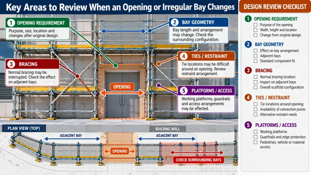 Scaffold drawing highlighting the areas to review when an opening or irregular bay changes the original arrangement.