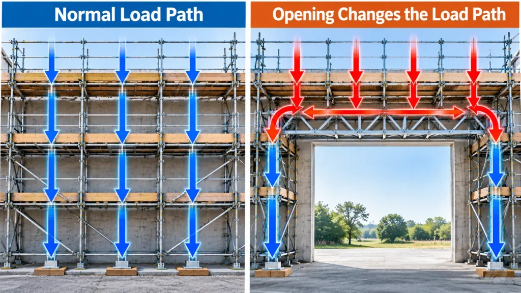 Comparison of normal scaffold load path and load transfer around an opening