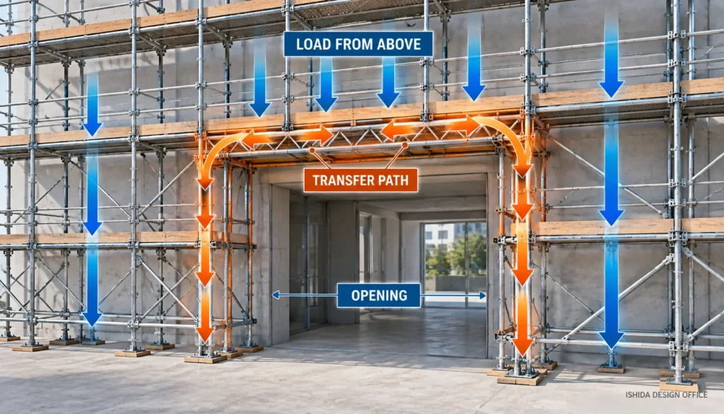 Scaffold opening showing load transfer around the opening