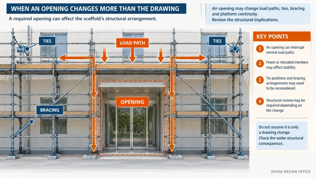 Scaffold opening showing potential effects on load paths, ties and bracing requiring structural review