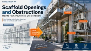 Scaffold openings and obstructions showing the difference between drawings and actual site conditions