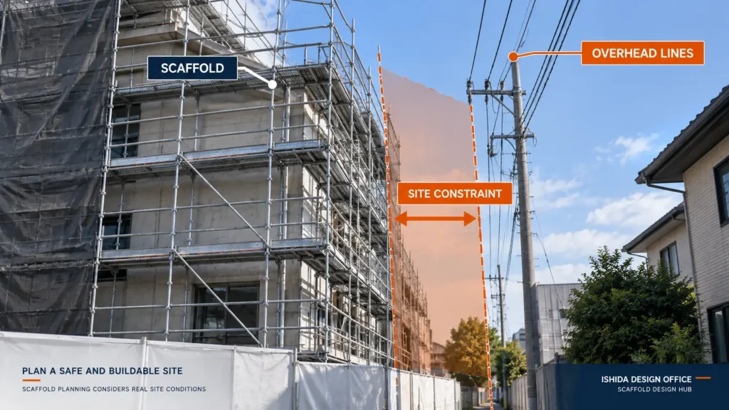 Scaffold beside overhead power lines showing site constraints that affect constructability