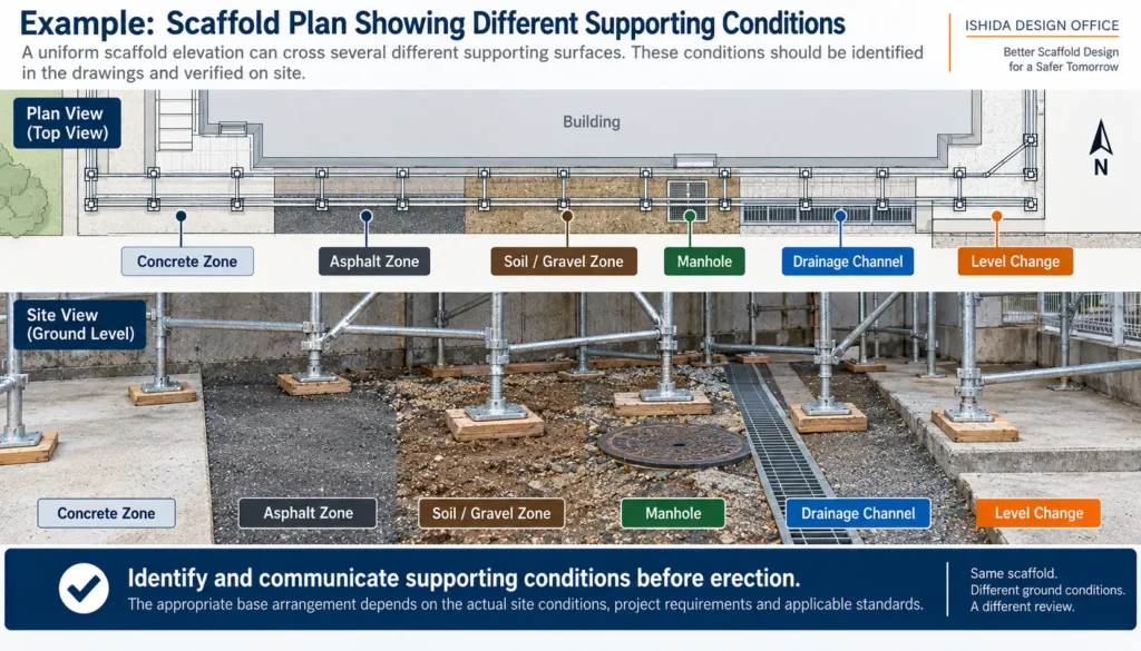 Scaffold plan showing concrete, asphalt, soil, manhole, drainage channel and level change supporting conditions