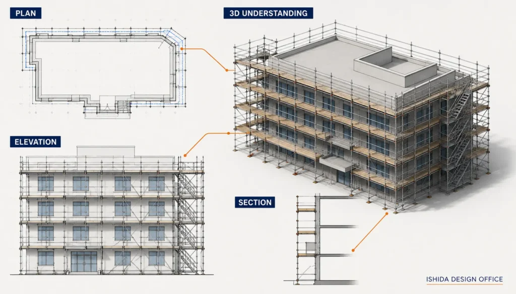 Scaffold plan, elevation and section views compared with a three-dimensional scaffold layout