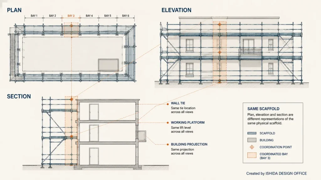Scaffold plan, elevation and section showing the same coordinated bay, wall tie, platform level and building projection.