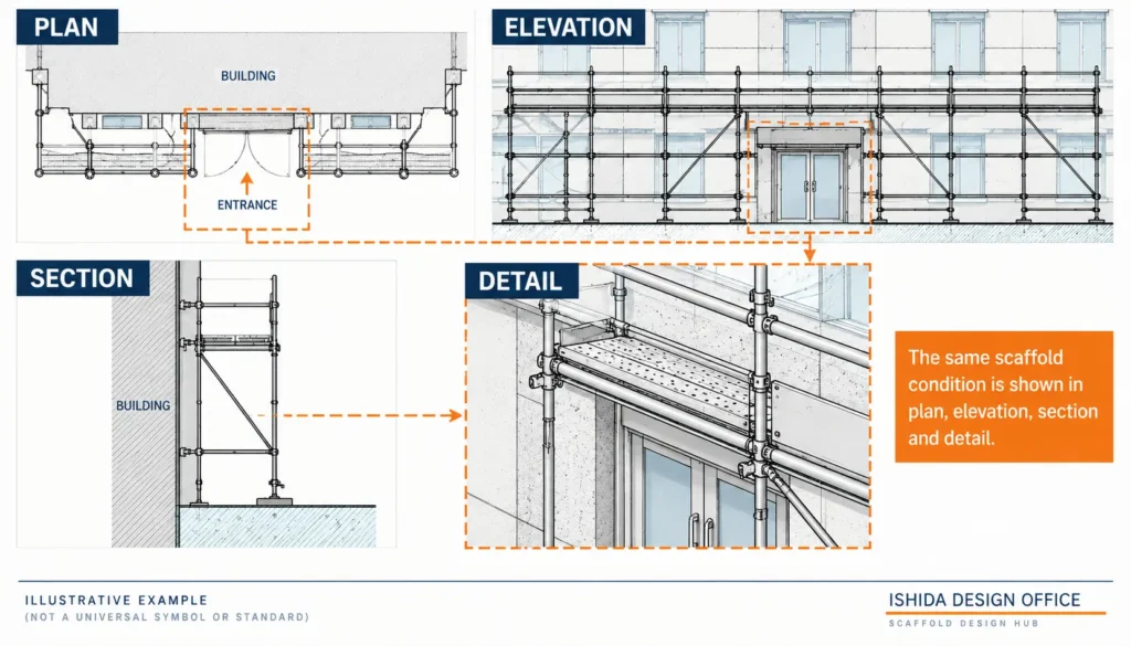 Same scaffold condition shown in plan, elevation, section and detail views