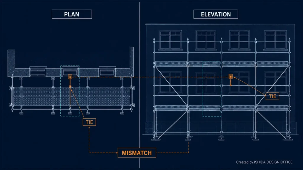 Scaffold plan and elevation showing inconsistent wall tie positions between the two views