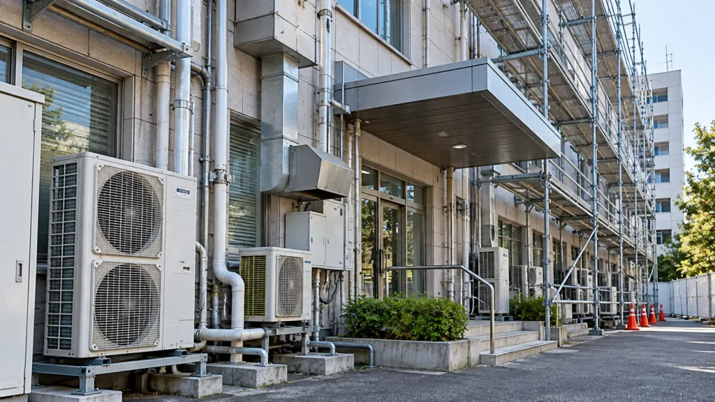 Existing building equipment, pipes and canopy creating obstructions for scaffold planning