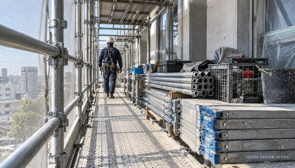 Scaffold working platform with stored materials and clear space for worker movement