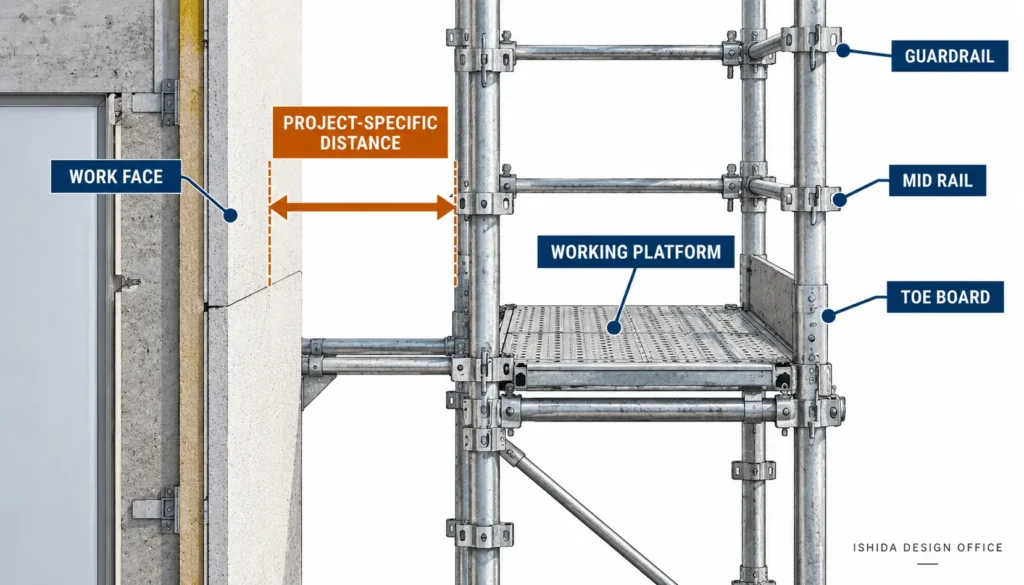 Scaffold working platform showing project-specific distance between the platform and work face