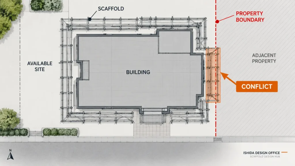 Scaffold plan showing a conflict with the property boundary and adjacent property