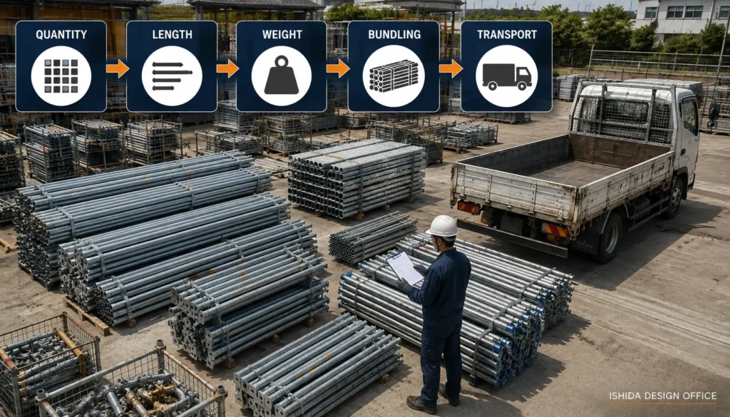 Scaffold material quantity, component length, weight, bundling and transportation planning