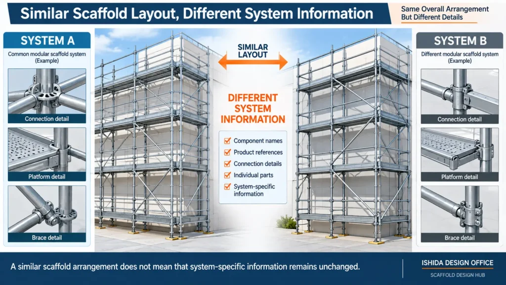 Comparison of similar scaffold layouts with different system components and connection details