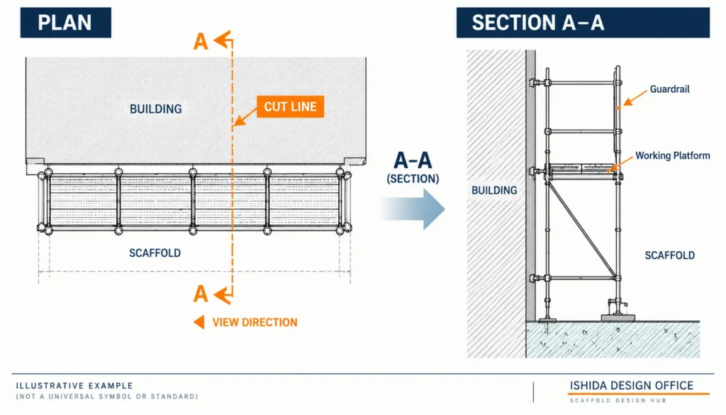 Scaffold plan showing section line A-A and corresponding scaffold section drawing