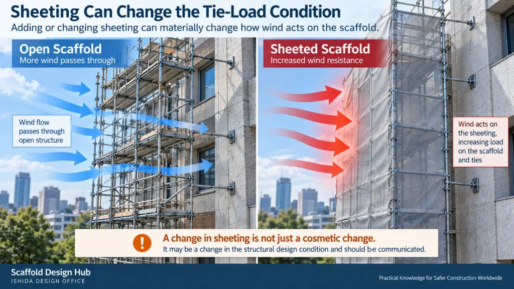 Comparison of open and sheeted scaffolds showing how sheeting can change wind action and scaffold tie loads