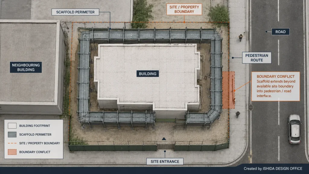 Top-down scaffold site plan showing the scaffold perimeter extending beyond the property boundary toward a pedestrian route and road.