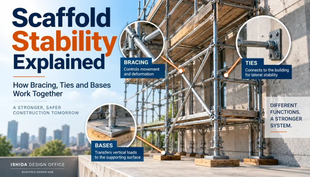 Scaffold stability showing how bracing, ties and bases work together in a supported scaffold system.