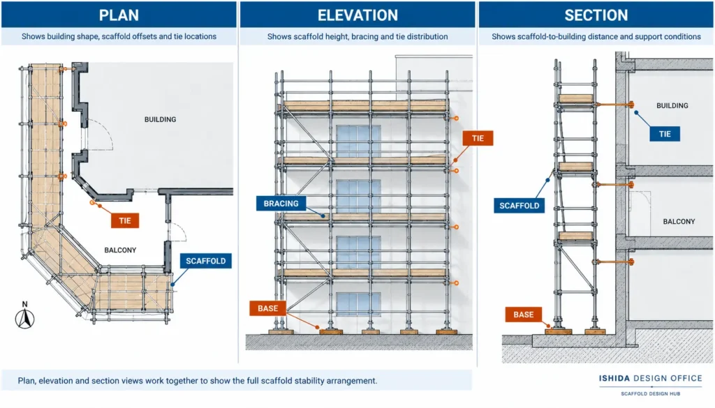 Plan, elevation and section drawings showing scaffold ties, bracing, bases and the relationship between the scaffold and building.