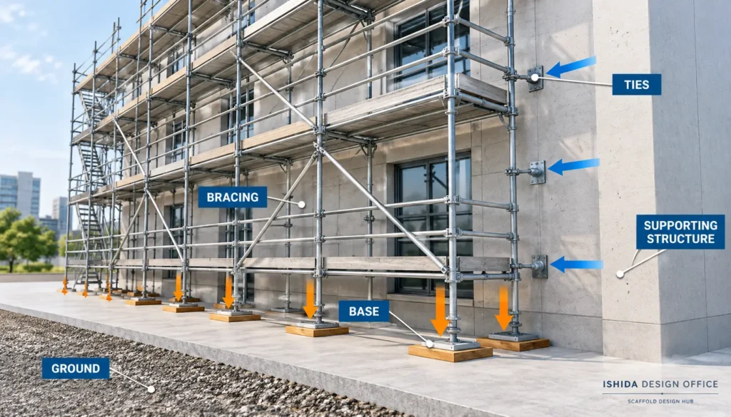 Scaffold stability system showing bases, bracing, ties, supporting structure and ground working together.