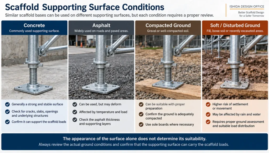 Comparison of scaffold base conditions on concrete, asphalt, compacted ground and soft disturbed ground