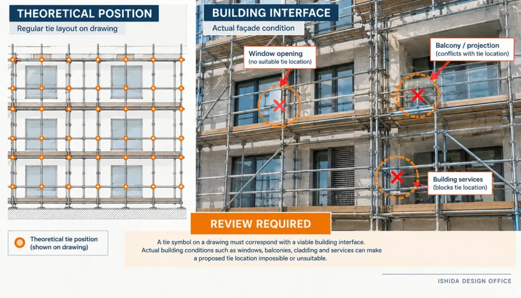 Scaffold tie drawing compared with actual building conditions showing obstructed tie locations