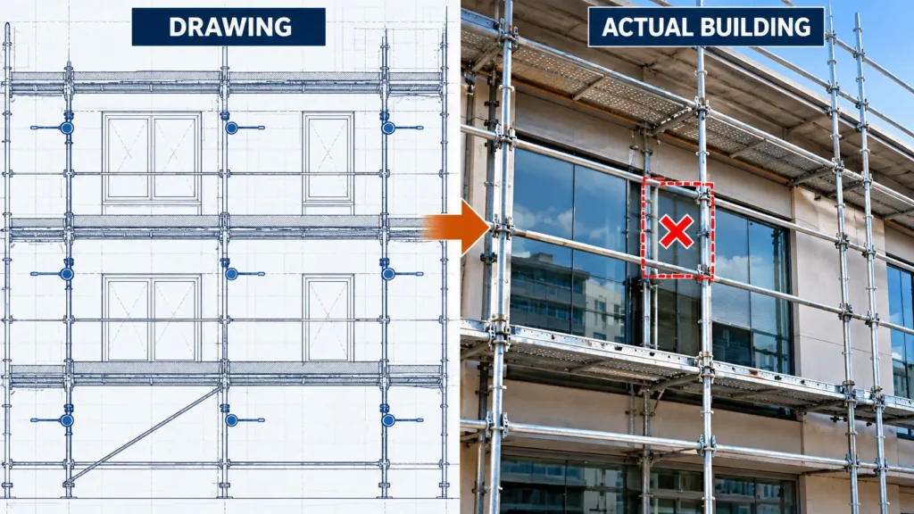 Comparison of planned scaffold tie positions on a drawing with an actual building where a façade opening prevents the intended tie location