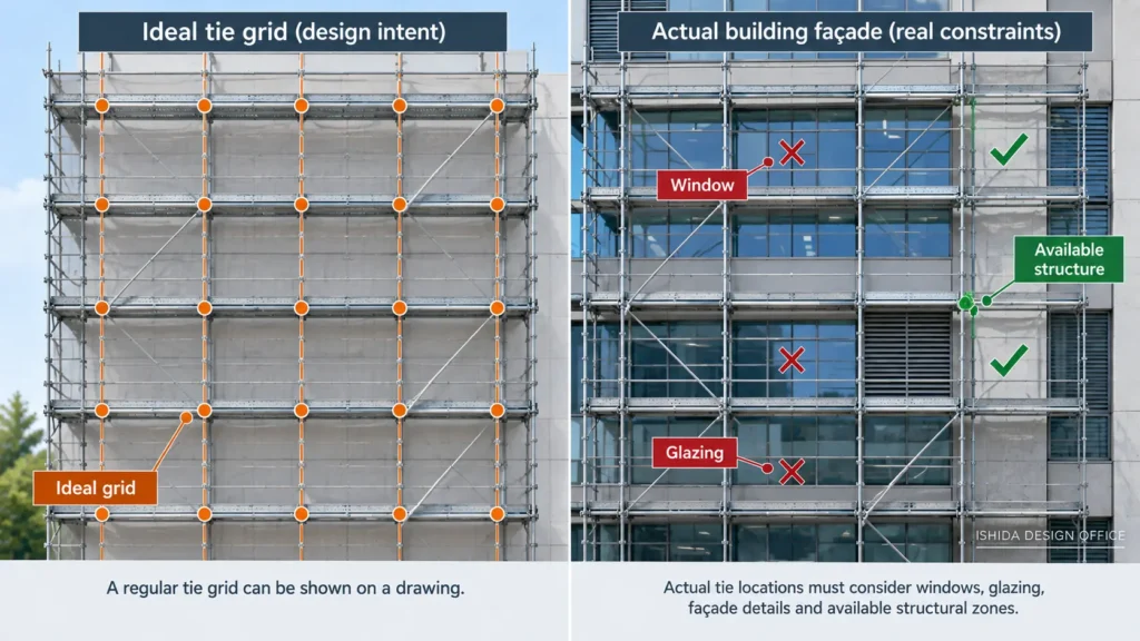 Comparison of an ideal scaffold tie grid with actual tie locations constrained by windows, glazing and building structure