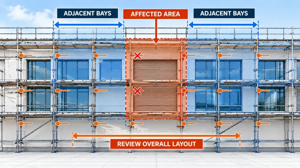 Scaffold tie layout around a large opening showing the affected area and adjacent bays that should be reviewed together