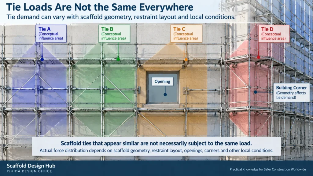 Scaffold tie load distribution diagram showing conceptual influence areas around an opening and building corner