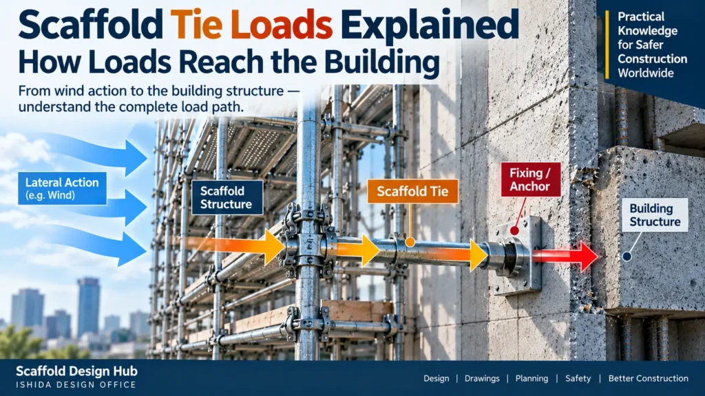 Scaffold tie load path from lateral action through the tie and fixing into the building structure