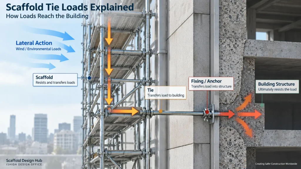 Scaffold tie load path showing how lateral loads transfer through the scaffold, tie and fixing into the building structure