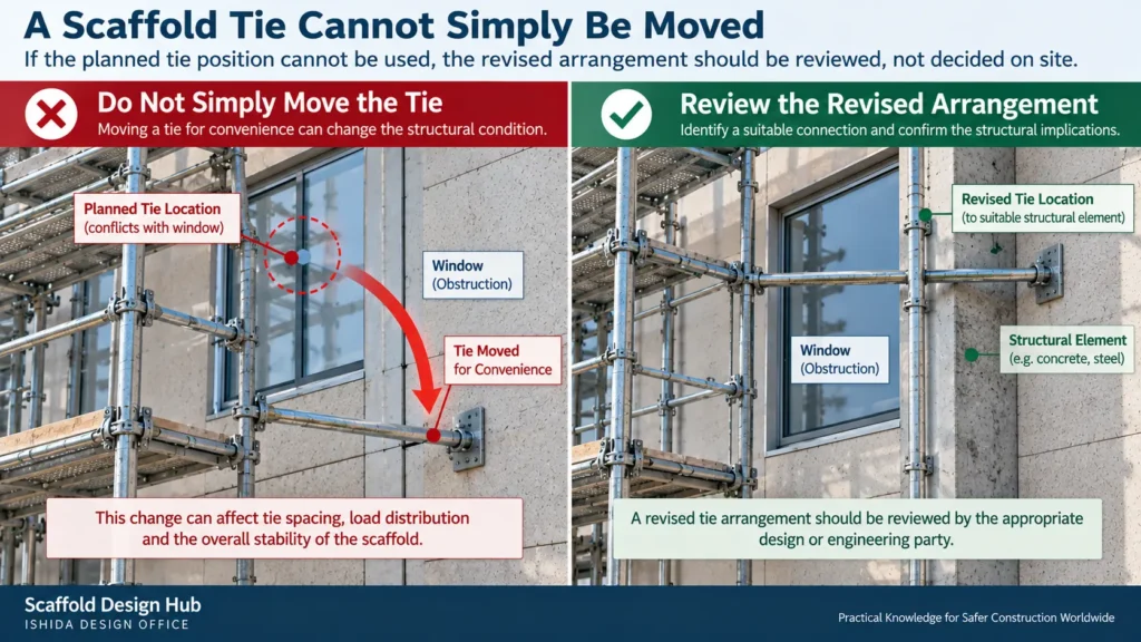 Comparison showing why a scaffold tie location should not be moved around an obstruction without engineering review