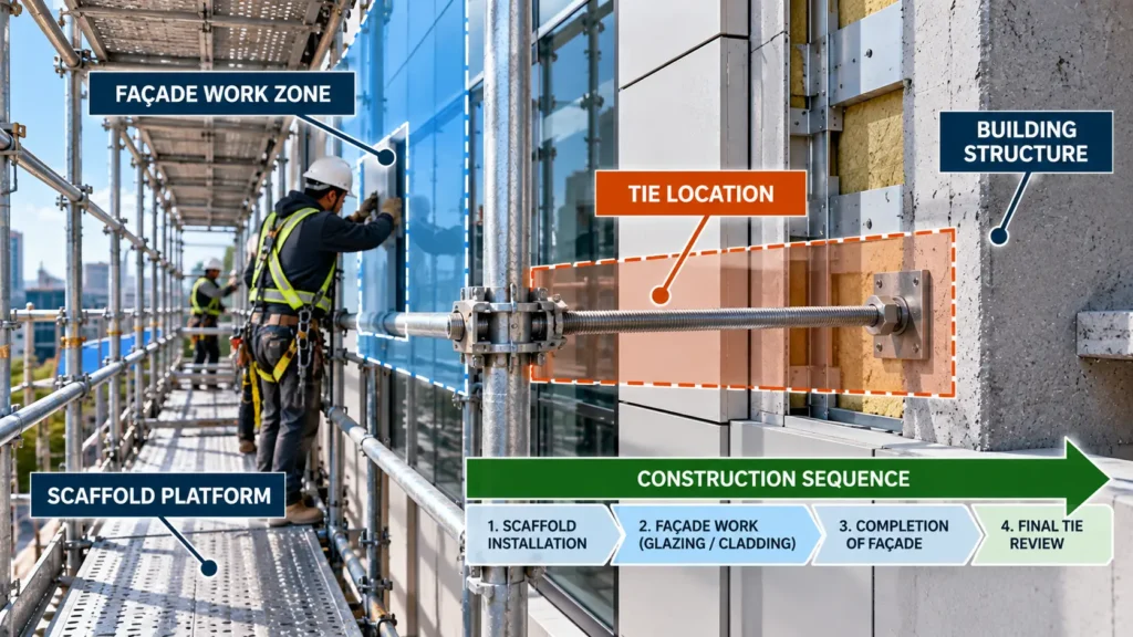 Scaffold tie location between the scaffold and building structure showing how façade work and construction sequence can affect tie planning