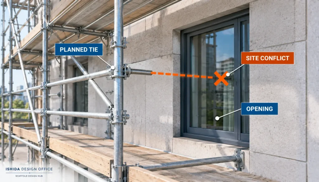 Scaffold showing a planned tie position conflicting with a building façade opening.