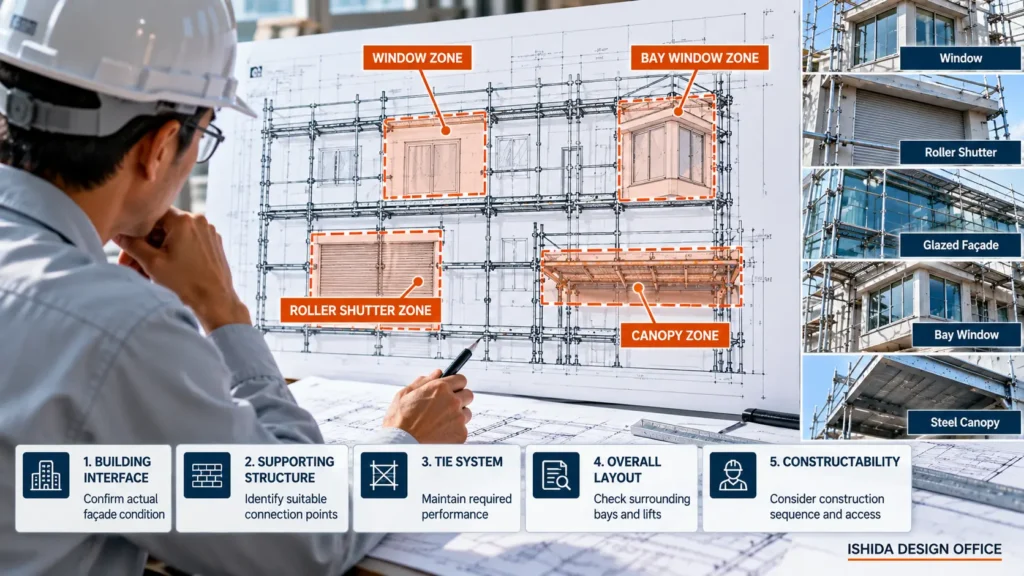 Scaffold tie planning review showing windows, roller shutters, glazed façades, bay windows and steel canopies that can affect tie locations
