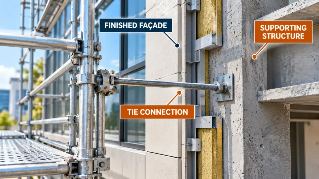 Illustration showing a scaffold tie connection passing the finished façade and connecting to the supporting structure
