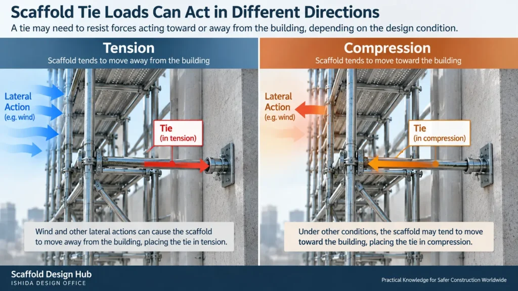 Scaffold tie tension and compression diagram showing forces acting toward and away from the building