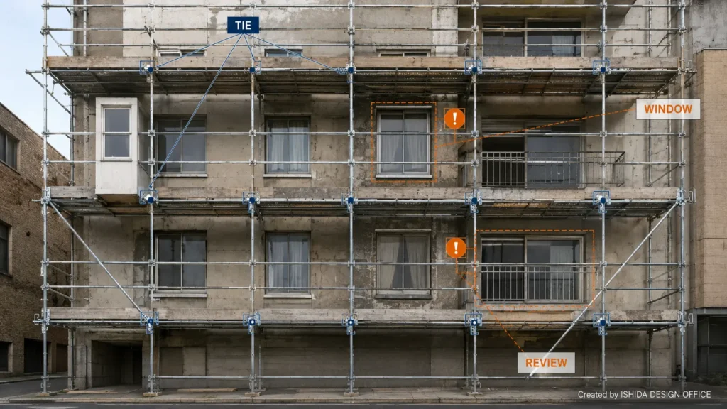 Scaffold ties on a building facade with window and balcony openings highlighted for installation review.
